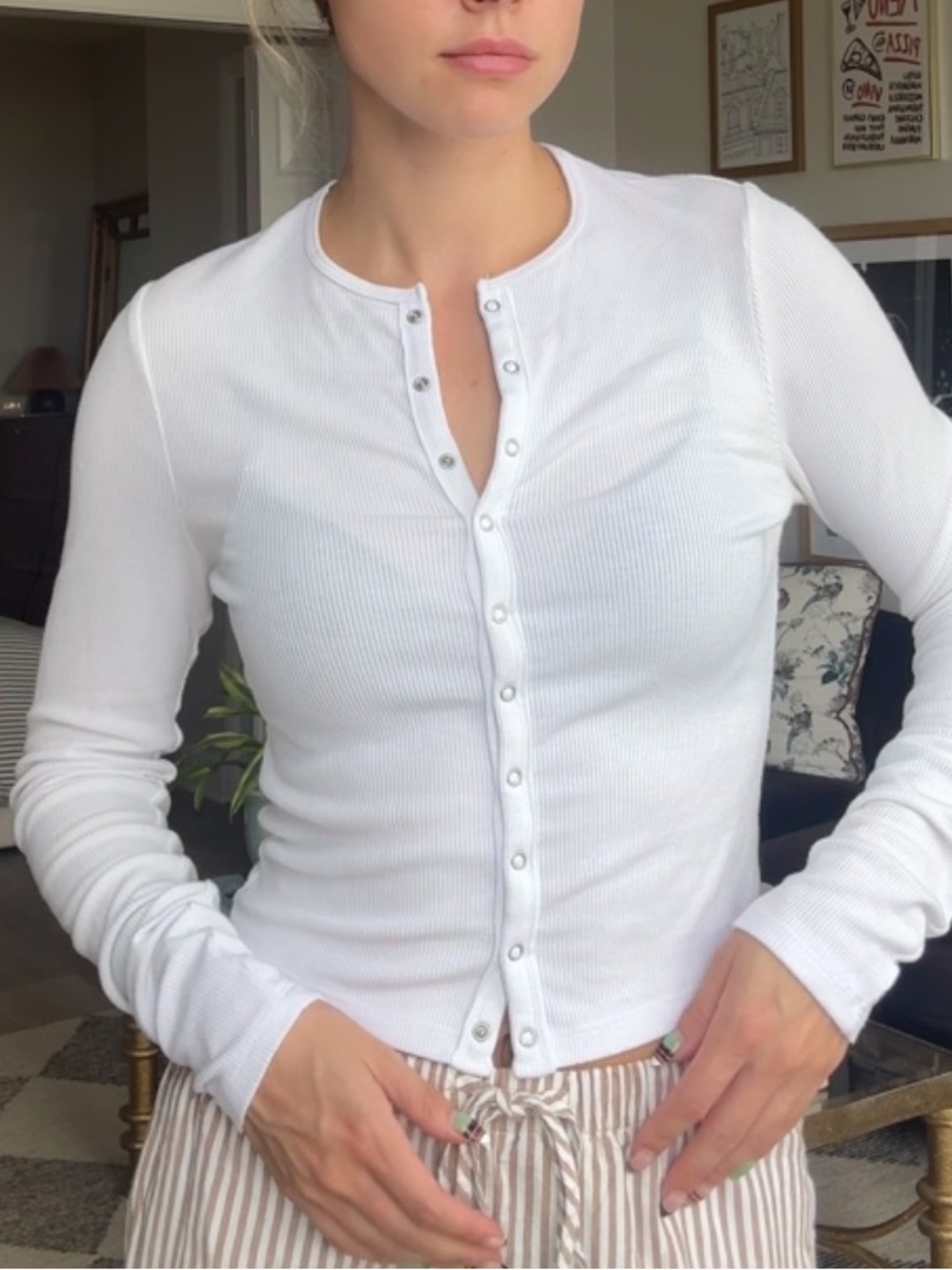 Abercrombie & Fitch White Ribbed Snap-Front Long Sleeve Top
